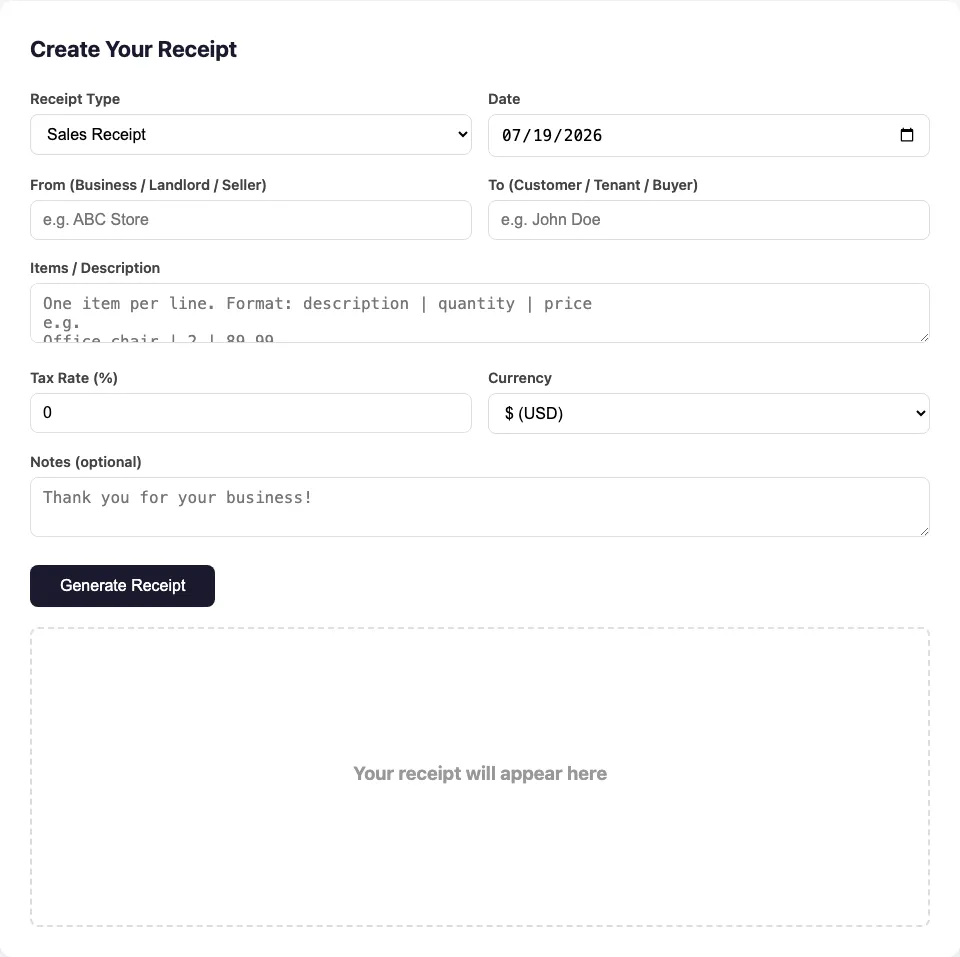Free receipt generator preview showing a sample receipt with item details